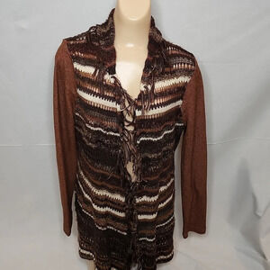 BKE Fringed Brown Sweater Open Cardigan Size Small